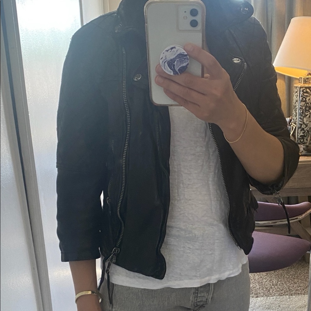 All Saints Worley Cropped 3/4 Sleeve Moto Leather Jacket - Picture 13 of 16